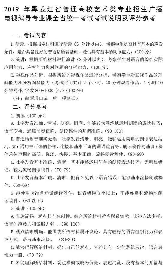 黑龙江2019年高校艺术类专业招生专业课考试说明